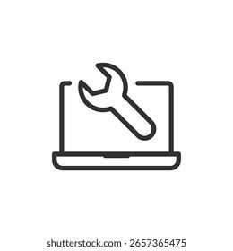 Portátil con llave, icono lineal. Configuración de software, reparación de computadoras o Asistencia tecnológica. Línea con trazo editable.