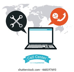 laptop wrench phone planet call center technical service icon, Vector illustration