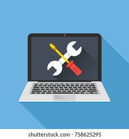 Laptop with wrench and screwdriver on screen. Computer repair service, maintenance, technical support. Flat design. Vector illustration