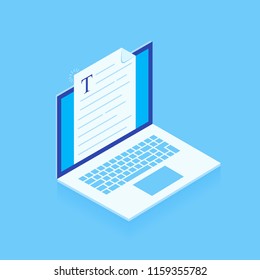 laptop with writing letter or journal isolated on blue background, journalist author working. Blogging. Modern isometric style vector illustration.