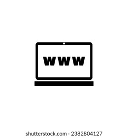 Laptop with WWW Website on Screen, Notebook. Flat Vector Icon illustration. Simple black symbol on white background. Laptop computer with WWW Screen sign design template for web and mobile UI element