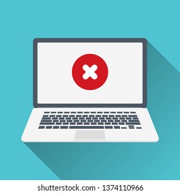 Laptop and x mark. Notebook. Error window, exit button, no, cancel, decline, 404 error page not found concepts. Vector illustration