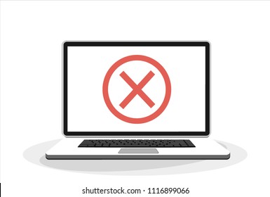 Laptop and x mark. Notebook and round red cross mark icon on white screen. Error window, exit button, no, cancel, 404 error page not found concepts. Vector illustration