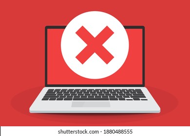 Portátil y marca x. Icono de la marca roja redonda y portátil en pantalla blanca. notificación de burbuja. Respuesta negativa. Ilustración vectorial.