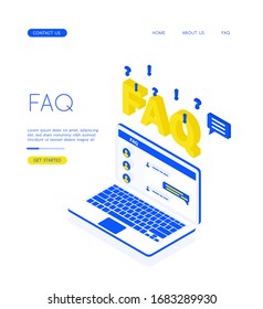 A laptop with a yellow isometric FAQ and dialog boxes for answers to frequently asked questions. Isometric vector illustration on a white background. Web page concept with web design elements.