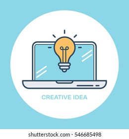 Laptop with yellow lightbulb. Creative idea symbol. Flat design vector illustration.