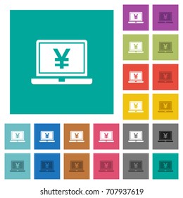 Laptop with yen sign multi colored flat icons on plain square backgrounds. Included white and darker icon variations for hover or active effects.