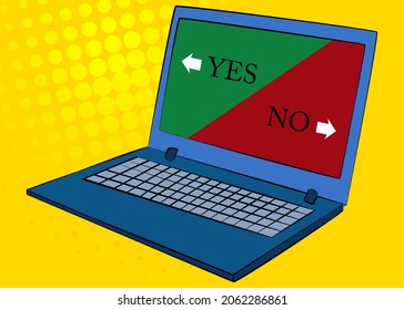 Laptop with Yes No right wrong answer business concept on the screen. Vector cartoon illustration.