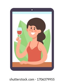 Laptop with young woman with wine communicating in video conference. Online communication party during of self-isolation from coronavirus, concept vector illustration