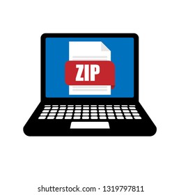 Laptop with ZIP file. Notebook and ZIP document. Vector stock illustration