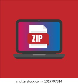 Laptop with ZIP file. Notebook and ZIP document. Vector stock illustration