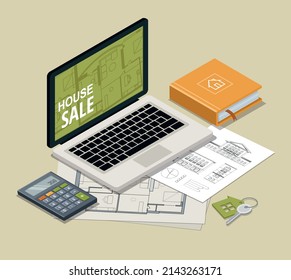 Laptop,calculator, House Keys, House Model And Book