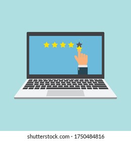 laptope with hand give star rating flat vector. feedback