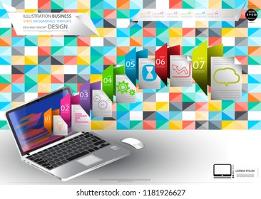 
Laptop,Folder icon,Colorful background,Geometry, Illustration Business Steps Infographics Template  Idea and concept design text. 