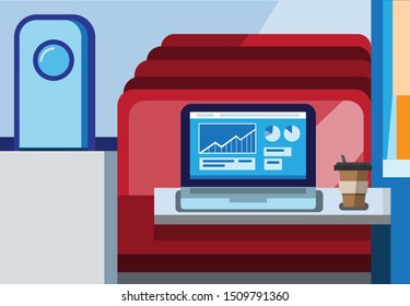laptop/notebook work on train scene background flat design