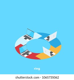 laptops arranged by a ring, isometric image