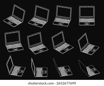 Notebooks organizados em um padrão elegante em um plano de fundo preto, cada um com designs exclusivos. Os laptops brancos contrastam fortemente com a superfície escura, criando uma estética moderna e profissional.