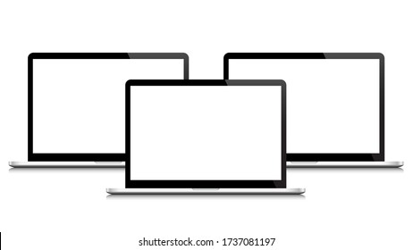 Portátiles con pantallas blancas en blanco aisladas, 3d estilo vectorial realista. Portátil de burla. Plantilla para diseño e infografía. Conjunto de vectores