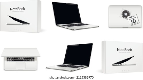 Laptops with cardboard boxes in different positions isolated