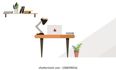 laptops and computers on shared modern office workplace. Co-working space, concept illustration. Vector flat style illustration