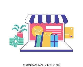 Laptops for e-commerce, online shopping are more practical. Character design. Vector flat illustration