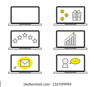 Laptops featuring various services: reviews, email, feedback, chat, analysis, prizes, rewards, graphs, sales and presents