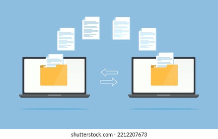 Laptops with folders on screen and transferred documents. File transfer concept, backup data. Vector stock