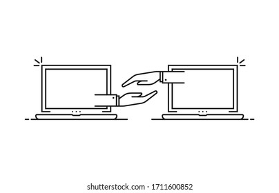laptops and hands like remote collaboration. simple flat linear style trend modern stroke logo graphic art design illustration isolated on white background. concept of global remote collaborative