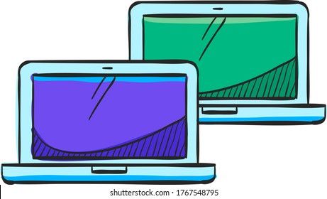 Icono de laptops en el dibujo en color. Área local de la intranet de la conexión a la red de equipo electrónico
