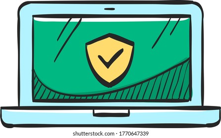 Laptops Symbol in Farbzeichnung. Virenschutz-Erkennung von Malware-Viren im elektronischen Computernetzwerk