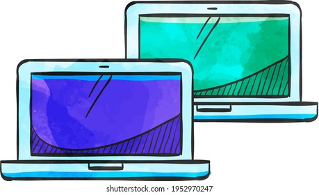 Laptops icon in color drawing. Electronic computer network connection internet intranet local area