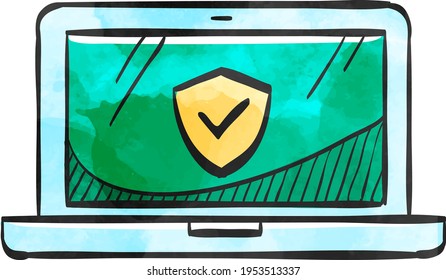 Icono de laptops en el dibujo en color. Detección de virus adware antivirus de red informática electrónica