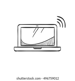 Laptops icon in doodle sketch lines. Electronic computer network connection internet