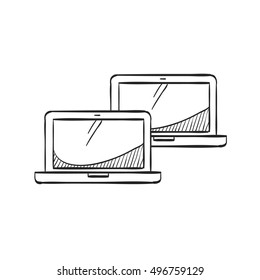 Laptops icon in doodle sketch lines. Electronic computer network connection internet intranet local area
