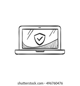 Laptops icon in doodle sketch lines. Electronic computer network antivirus malware adware virus detection