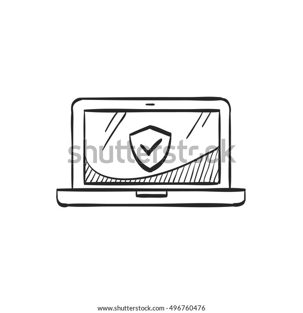 落書き風スケッチ線のノートパソコンのアイコン 電子コンピューターネットワークのウイルス対策マルウェアアドウェアウイルス検出 のベクター画像素材 ロイヤリティフリー