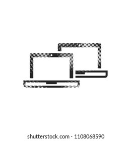 Laptops icon in halftone style. Black and white monochrome vector illustration.