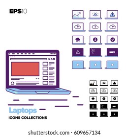 Laptops icons set minimalistic. Blue and white color laptop with many notifications on screen.