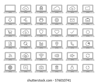 Laptops linear icons set. Laptops with wifi connection, cloud computing, users, protection, document, folder, settings pictograms. Thin line contour symbols. Isolated vector illustrations