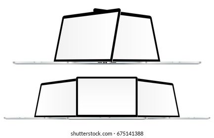 Laptops Macbook Pro mockups in different positions. Notebook with blank screen isolated. Vector illustration