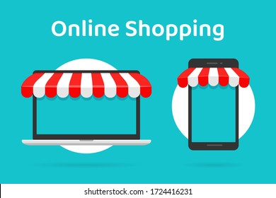 Laptops and mobile phones with an awning protruding Online shopping concept