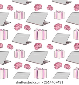 Laptops, pink roses, and gift boxes arranged in a seamless feminine pattern combining work and celebration