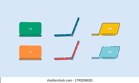 Laptops semi flat RGB color vector illustrations set. Personal portable gadgets for remote work and online education. Notebook computers isolated cartoon objects pack on blue background