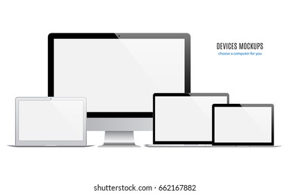 laptops set and computer monitor with blank screen saver for system unit isolated on white background. detailed and realistic devices mockup. stock vector illustration