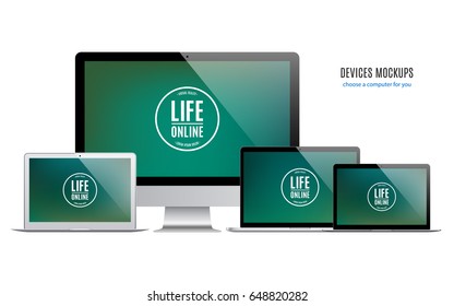 laptops set and computer monitor with colored screen saver for system unit isolated on white background. detailed and realistic devices mockup. stock vector illustration