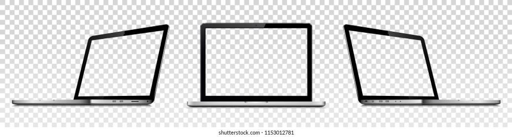 Laptops with transparent screen isolated on transparent background. Perspective and front view with blank screen.