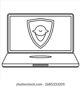 Ícone de vetor de laptop com escudo (dispositivo seguro) mostrando proteção antivírus e privacidade de dados na tela do computador, defesa cibernética, ilustração de laptop, arte mínima da linha, sinal de contorno, aplicativo de traço editável