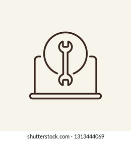Laptor repair line icon. Spanner and notebook on white background. IT support concept. Vector illustration can be used for topics like technology, gadget, repairmen