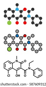 Laquinimod multiple sclerosis drug molecule. Conventional skeletal formula and stylized representations.