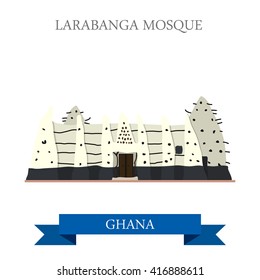 Larabanga Mosque in Ghana. Flat cartoon style historic sight showplace attraction web site vector illustration. World countries cities vacation travel sightseeing Africa collection.